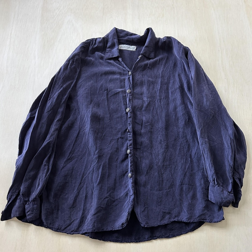 Vintage Action Wear Shirt Womens Small Blue Button Up Long Sleeve Made In USA